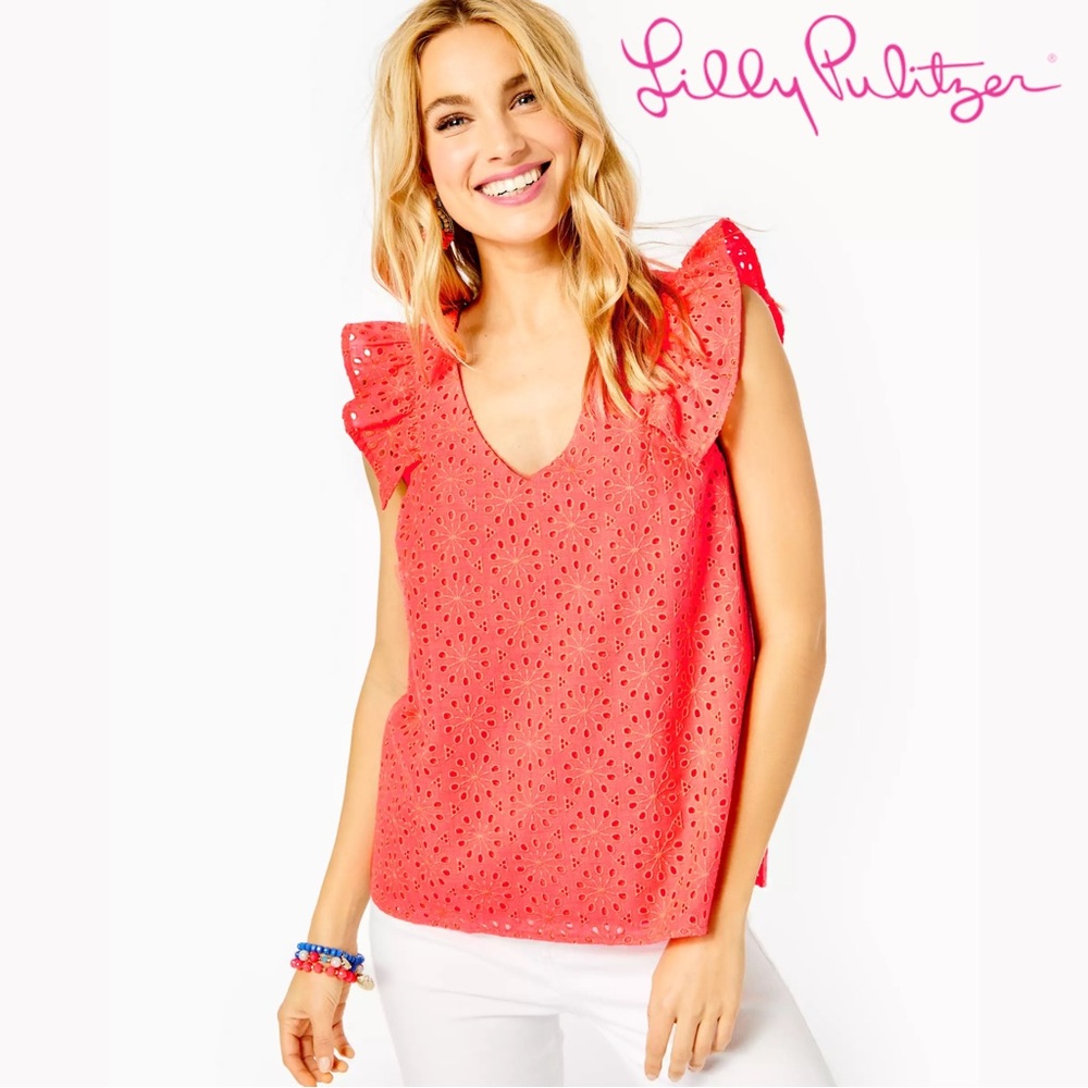 Lilly Pulitzer Lina Eyelet Top in Spicy Coral Neon Sunburst Eyelet - Size M